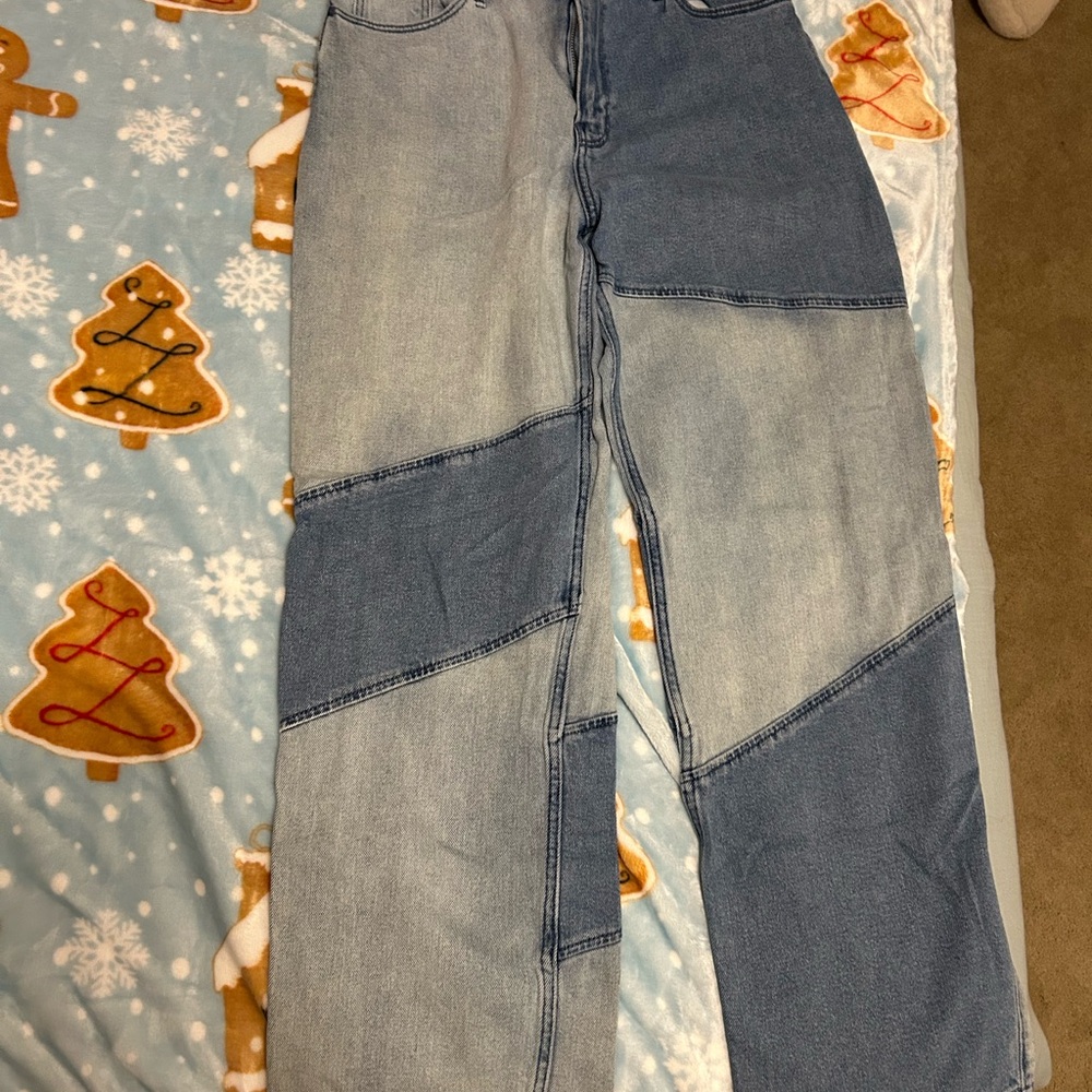 Hollister Women's Straight Leg Jeans - Blue and Gray Patchwork